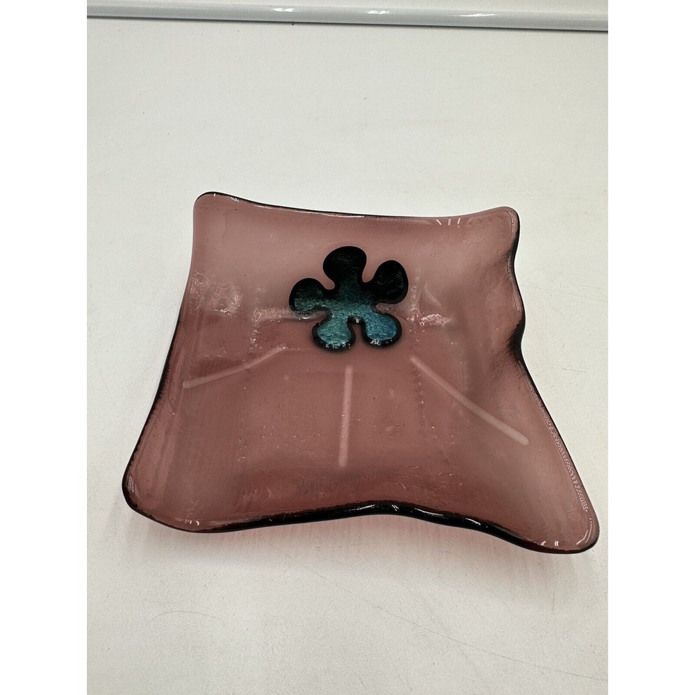 Fused Pink Art Glass Square Trinket Ashtray Dish 5” Blue Flower Handmade